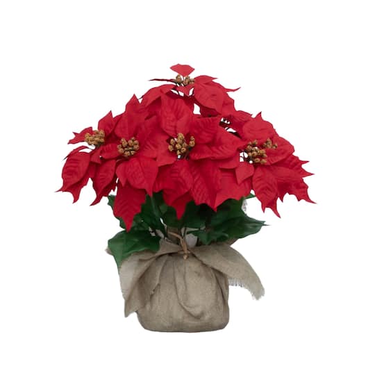 Nearly Natural 16.5" Artificial Poinsettia Arrangement in Burlap Planter